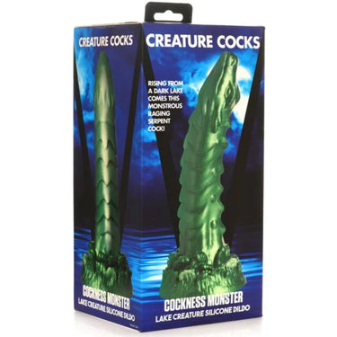 Close-up of the Creature Cocks - Cockness Monster Lake Creature Silicone Dildo, emphasising its ribbed, scaly texture and premium silicone.